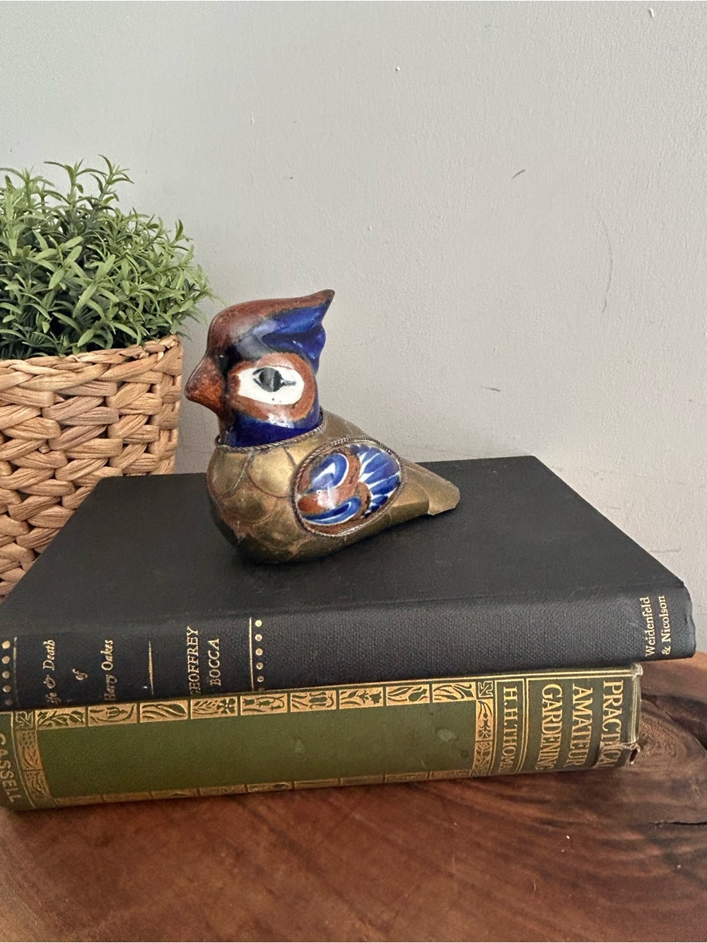 Vintage Mexican Tonala Pottery Blue Jay Bird Ceramic Hand Painted Brass Plating